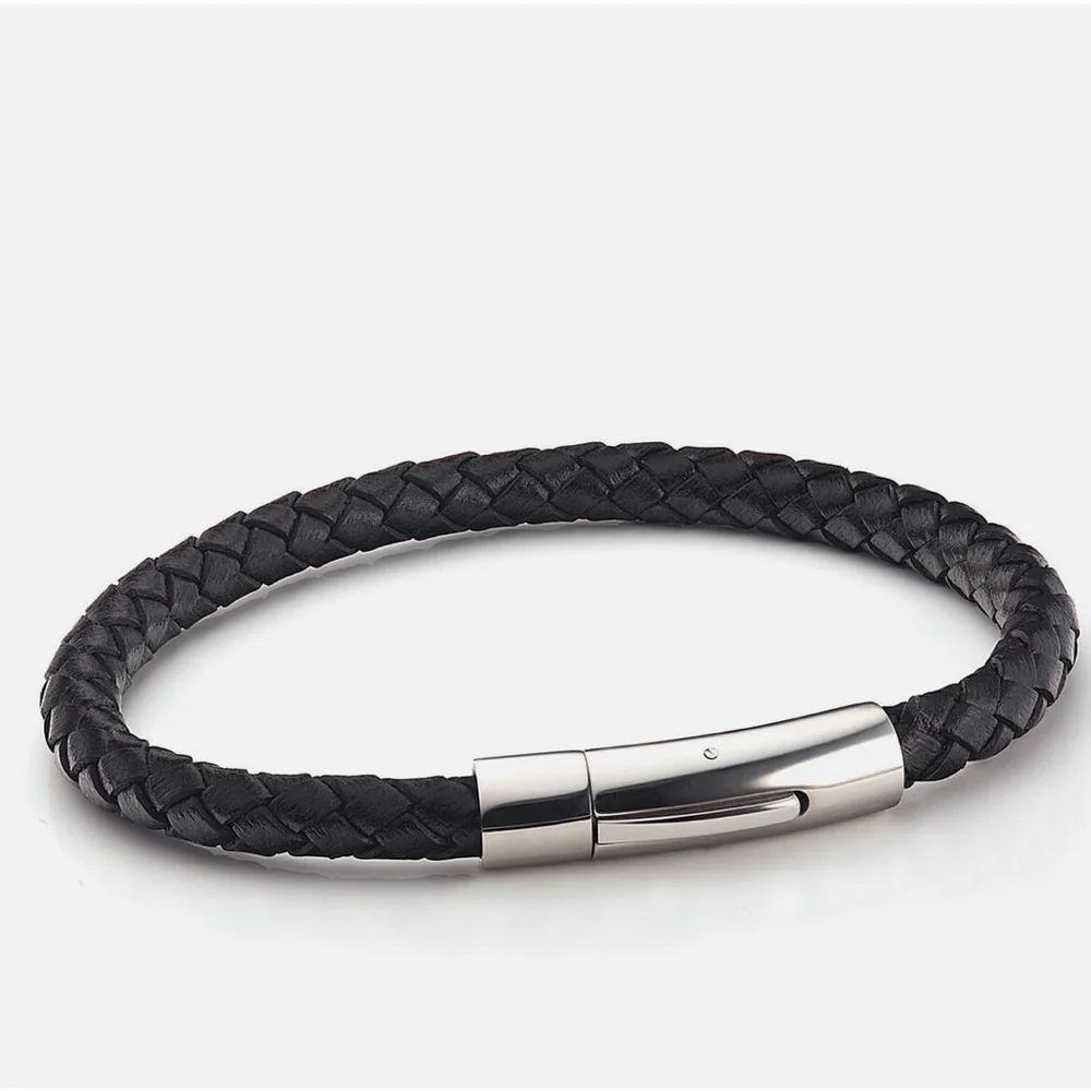 NEW Unisex Men's Black Leather Stainless Magnetic Closure Bracelet‎ 8.25”